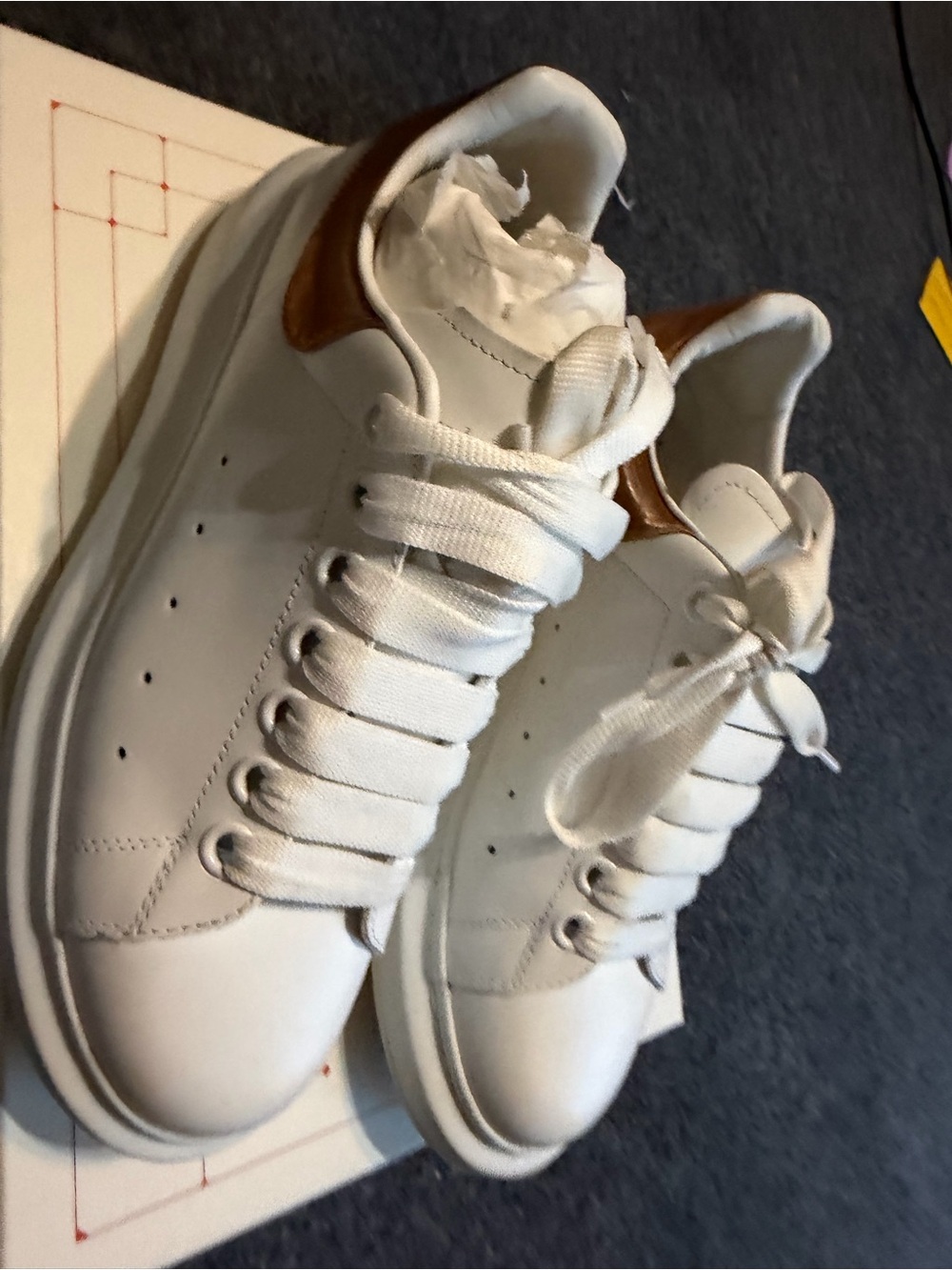 Alexander McQueen women’s White Leather Sneakers with Brown Heel Accent